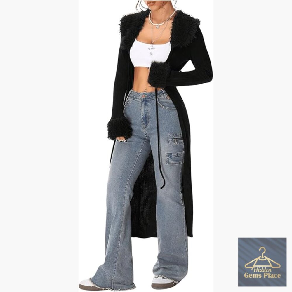 Long Cardigan with Faux Fur Trim, Open Front, Tie-Up, Y2K Knitted Sweater Coat